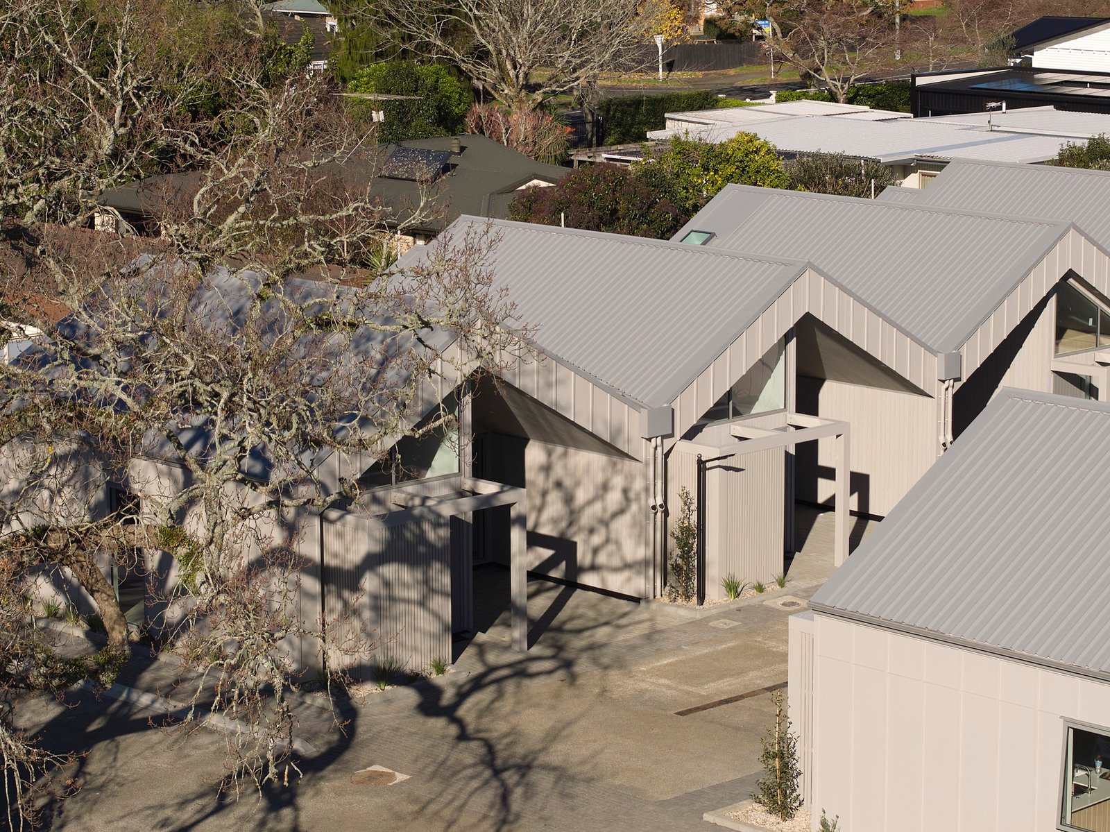 Aerial view of completed Notre Dame Living homes and shared lanes