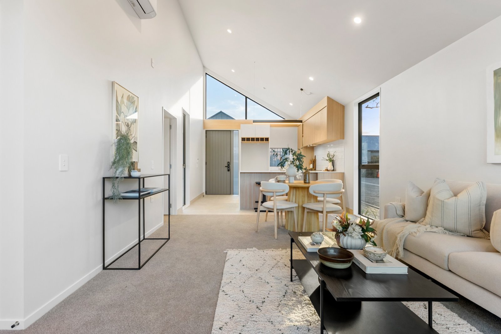 Open-plan kitchen, dining and living space inside a completed Notre Dame Living home