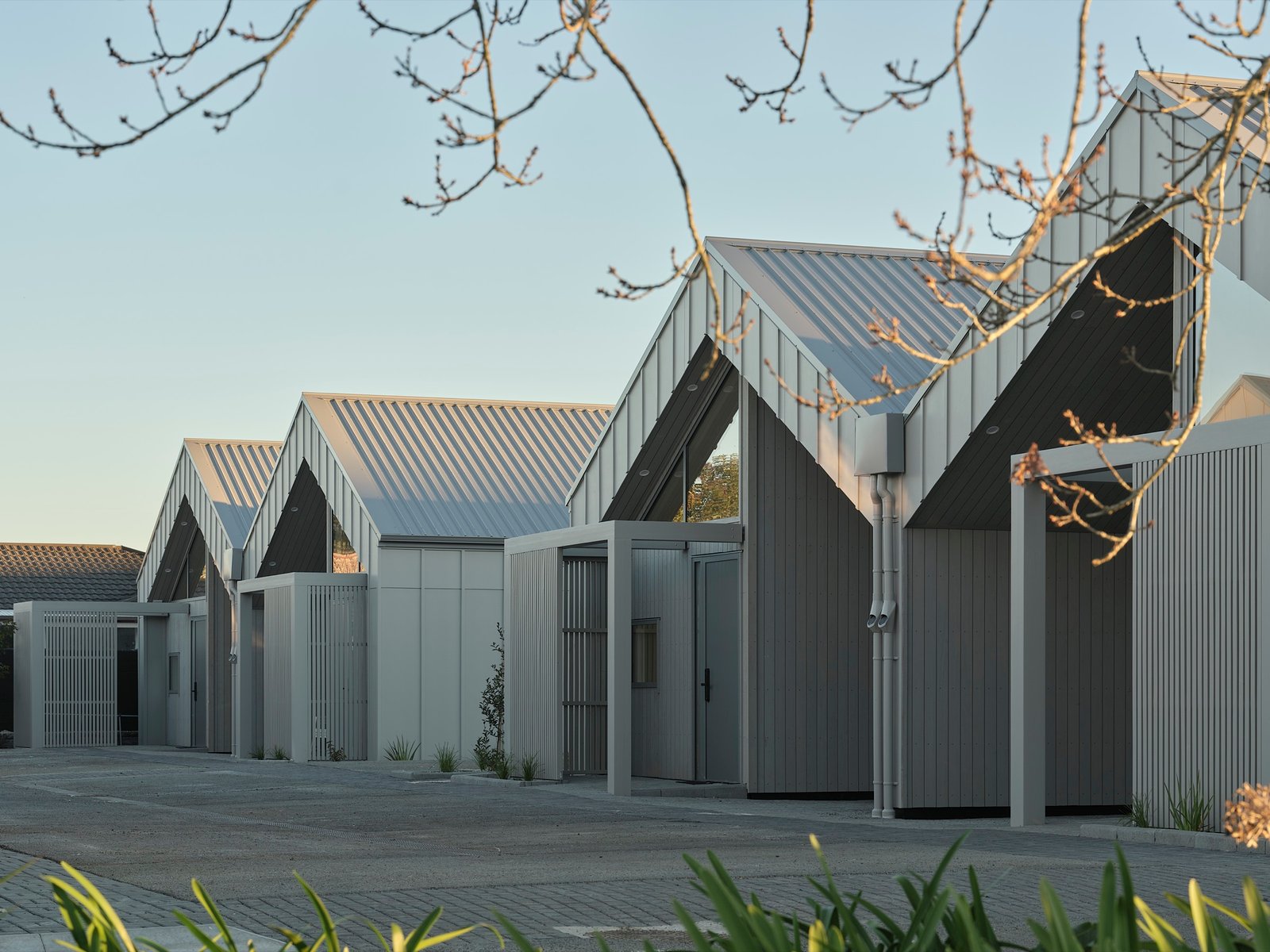 Completed Notre Dame Living homes in warm evening light